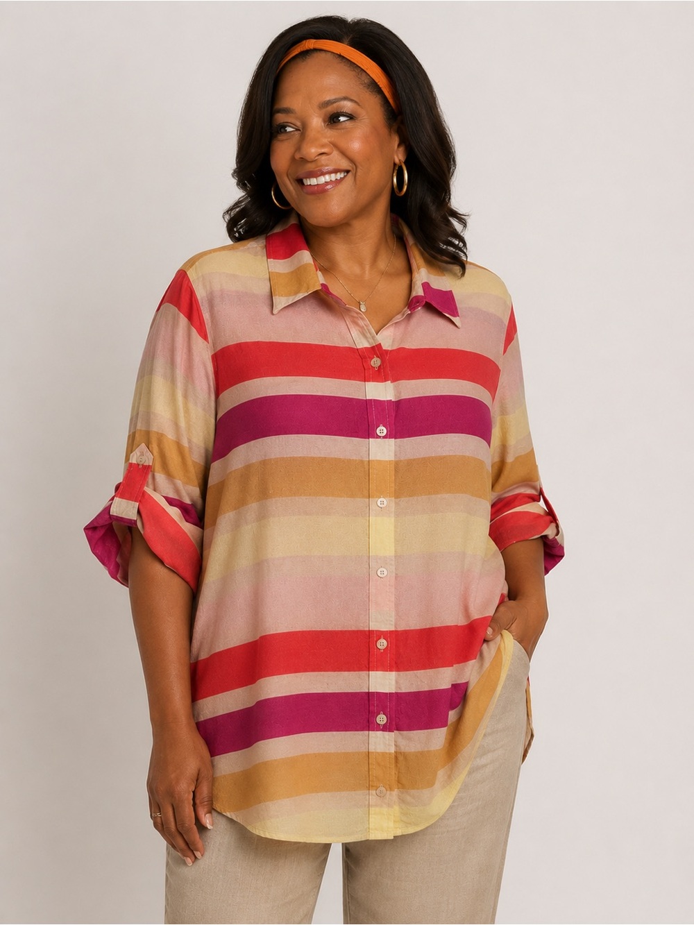 Coldwater Creek Vibrant Color Striped Button Front Blouse Cotton Silk Blend  L